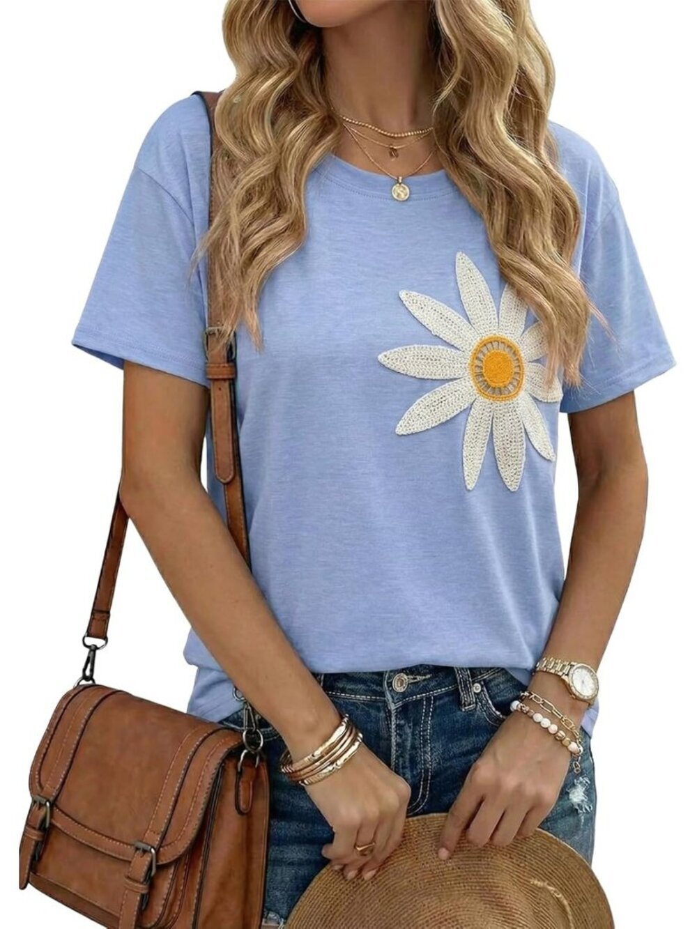 Women's Sky Blue Crew-neck Short Sleeve Flower Embroidery Drop Shoulder Top